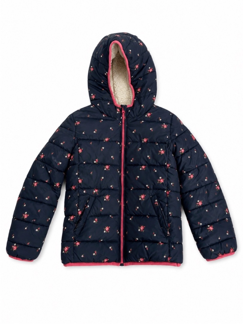 GAP Kids Girls 10 Floral Puffer Jacket Sherpa Lined Hood Navy Pink